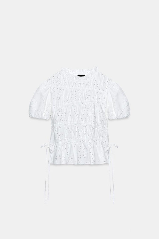 TOP WITH GATHERING AND CUTWORK EMBROIDERY