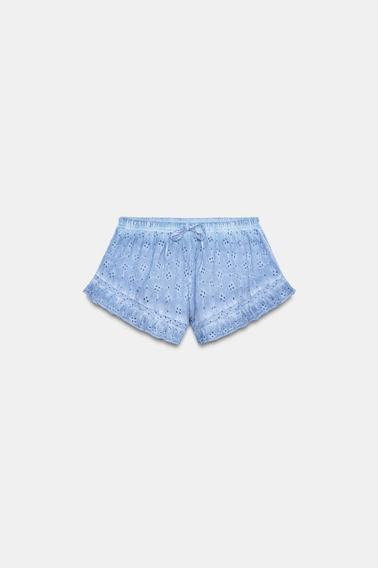 WASHED EFFECT SHORTS WITH CUTWORK EMBROIDERY