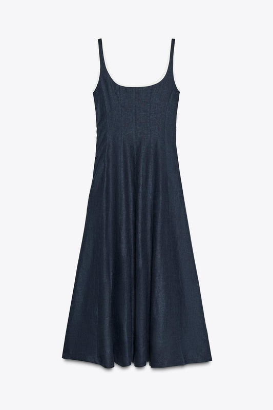 CONTRASTING TRIM LINEN MIDI DRESS