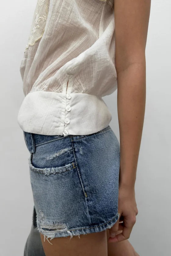EMBROIDERED GAUZE STRAP TOP