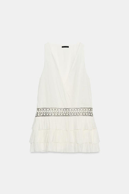 CHIFFON DRESS WITH RUFFLES AND STUDS