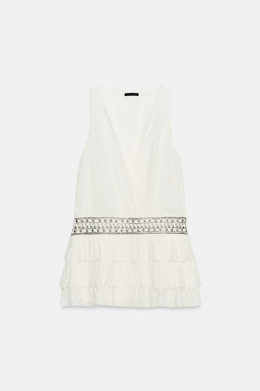 CHIFFON DRESS WITH RUFFLES AND STUDS