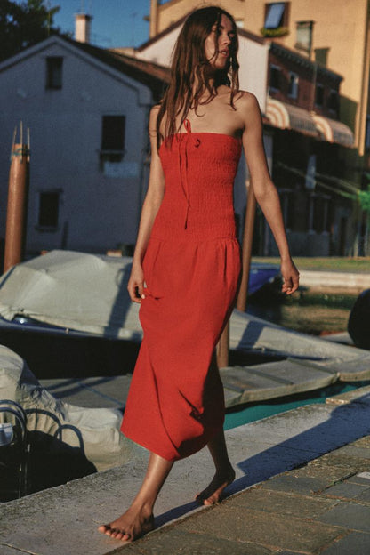 SMOCKED MIDI DRESS