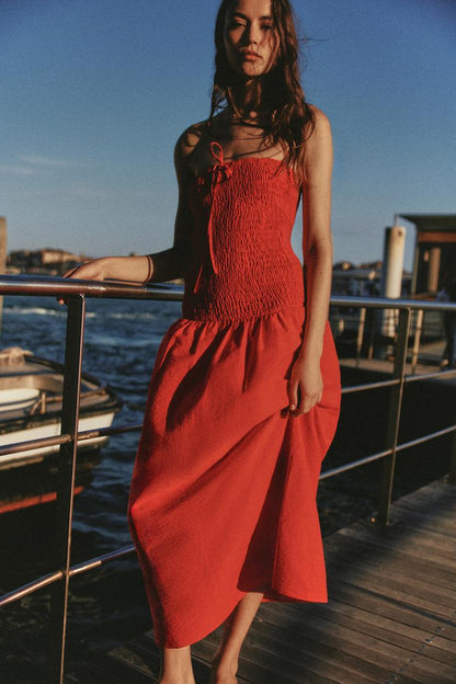 SMOCKED MIDI DRESS