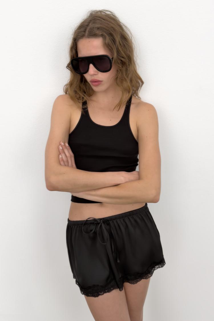 SATIN MINI SHORTS WITH LACE TRIM