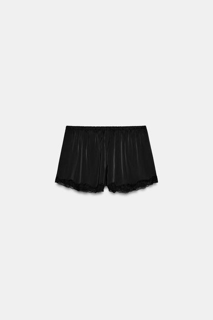 SATIN MINI SHORTS WITH LACE TRIM