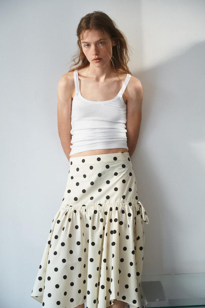 ASYMMETRIC POLKA DOT MIDI SKIRT