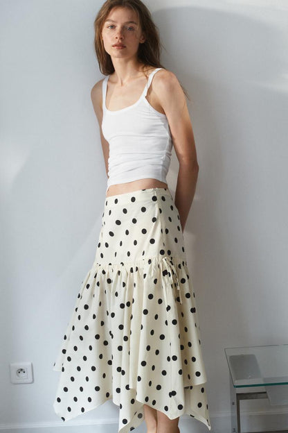 ASYMMETRIC POLKA DOT MIDI SKIRT