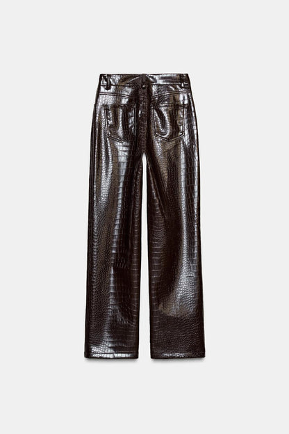 ANIMAL EMBOSSED FAUX LEATHER STRAIGHT TROUSERS