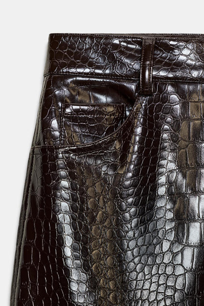 ANIMAL EMBOSSED FAUX LEATHER STRAIGHT TROUSERS