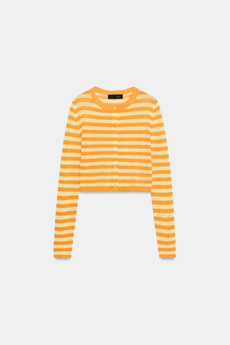CROPPED STRIPED KNIT CARDIGAN