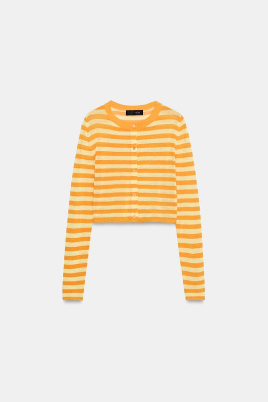 CROPPED STRIPED KNIT CARDIGAN