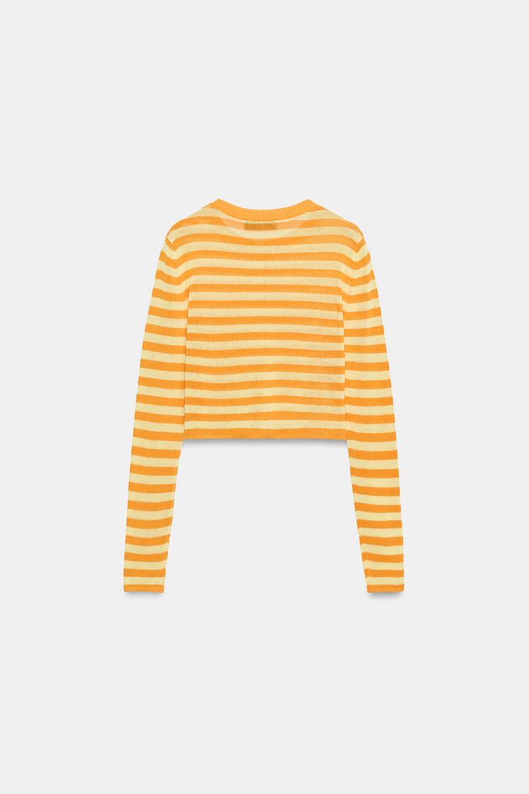 CROPPED STRIPED KNIT CARDIGAN