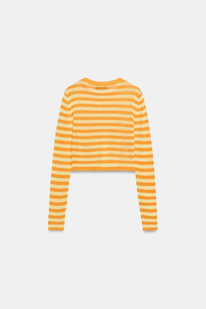 CROPPED STRIPED KNIT CARDIGAN