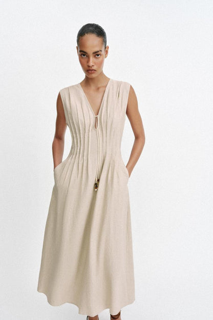 MIDI LINEN BLEND DRESS WITH TUCKS