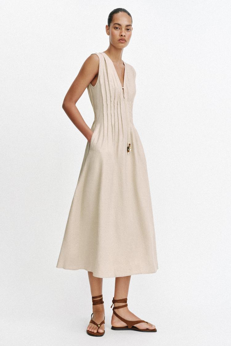 MIDI LINEN BLEND DRESS WITH TUCKS