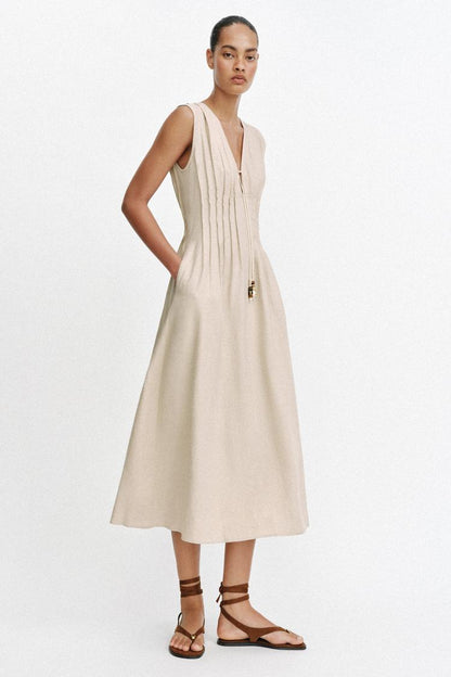 MIDI LINEN BLEND DRESS WITH TUCKS