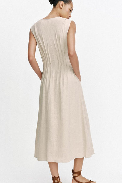 MIDI LINEN BLEND DRESS WITH TUCKS