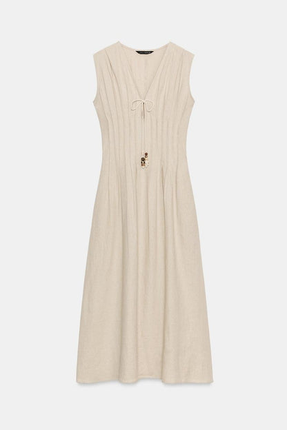 MIDI LINEN BLEND DRESS WITH TUCKS