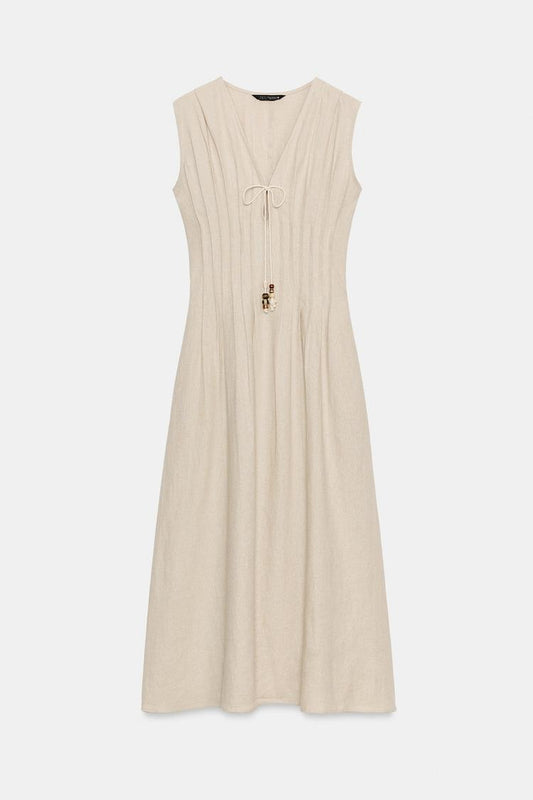 MIDI LINEN BLEND DRESS WITH TUCKS