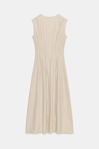 MIDI LINEN BLEND DRESS WITH TUCKS