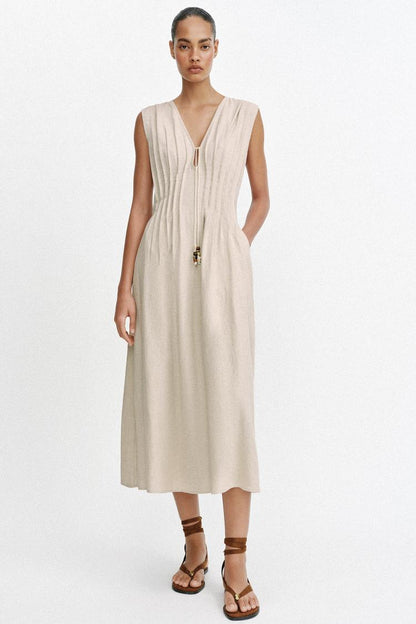 MIDI LINEN BLEND DRESS WITH TUCKS