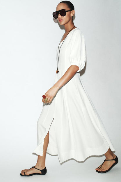 MIDI DRESS WITH PUFF SLEEVES