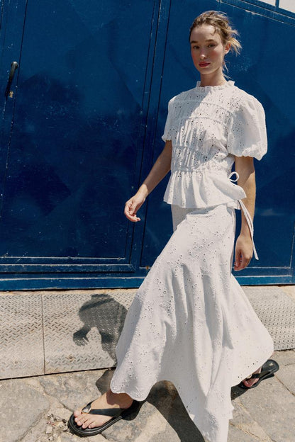 TOP WITH GATHERING AND CUTWORK EMBROIDERY