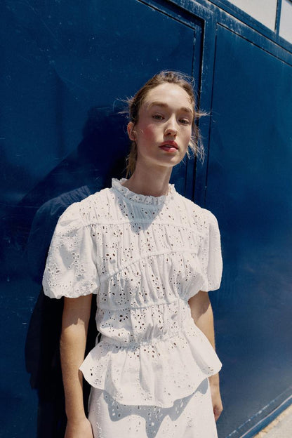 TOP WITH GATHERING AND CUTWORK EMBROIDERY