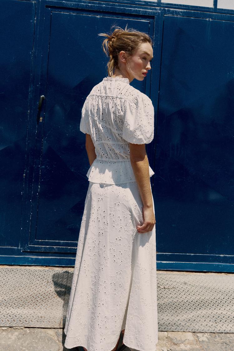 TOP WITH GATHERING AND CUTWORK EMBROIDERY