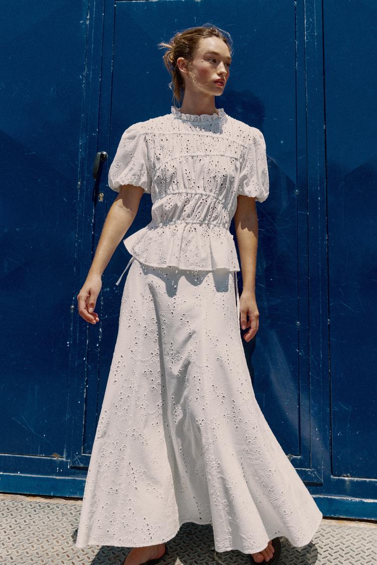 TOP WITH GATHERING AND CUTWORK EMBROIDERY