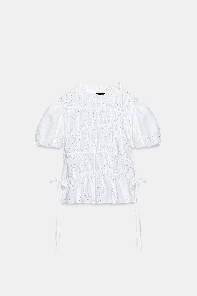 TOP WITH GATHERING AND CUTWORK EMBROIDERY