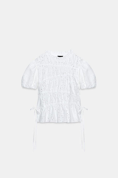 TOP WITH GATHERING AND CUTWORK EMBROIDERY