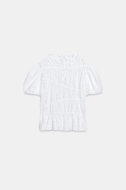 TOP WITH GATHERING AND CUTWORK EMBROIDERY