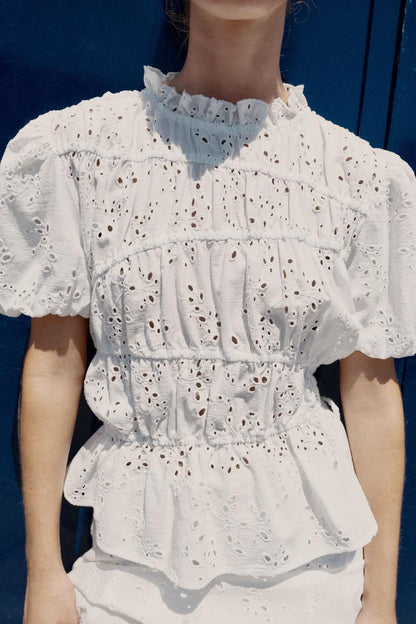 TOP WITH GATHERING AND CUTWORK EMBROIDERY
