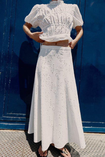 CUTWORK EMBROIDERY MIDI SKIRT