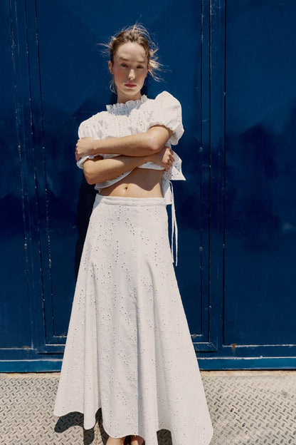 CUTWORK EMBROIDERY MIDI SKIRT