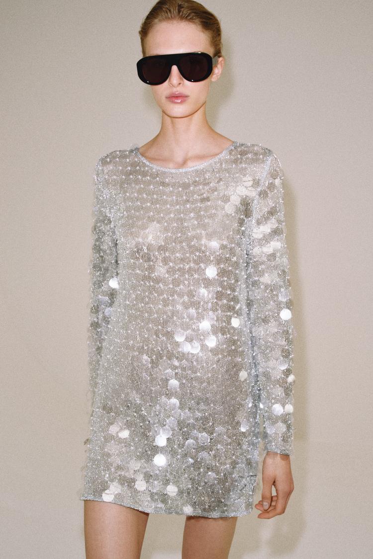 SHORT KNIT SEQUIN AND FAUX PEARL DRESS