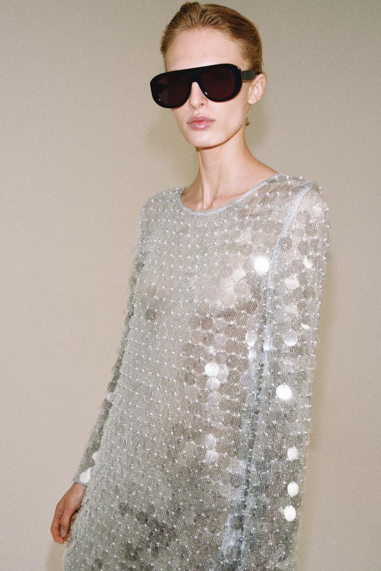 SHORT KNIT SEQUIN AND FAUX PEARL DRESS