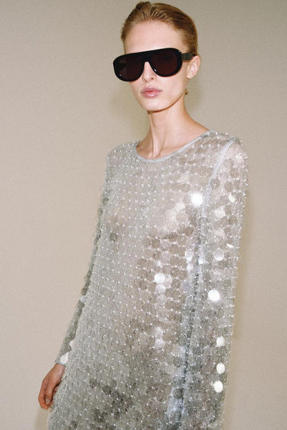 SHORT KNIT SEQUIN AND FAUX PEARL DRESS