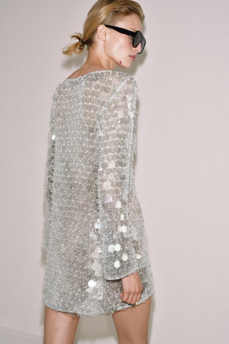 SHORT KNIT SEQUIN AND FAUX PEARL DRESS