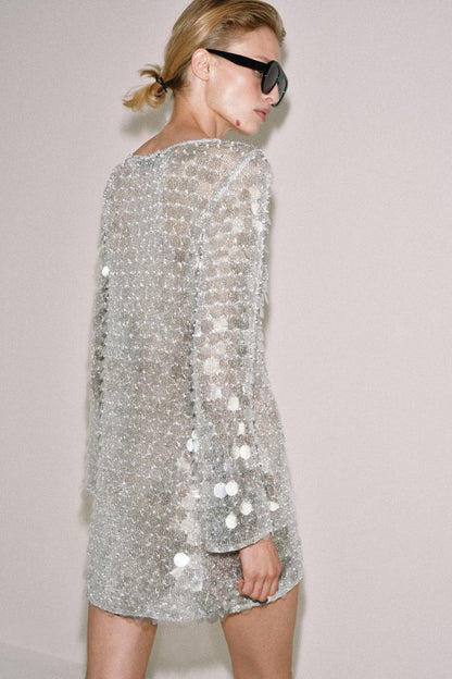 SHORT KNIT SEQUIN AND FAUX PEARL DRESS