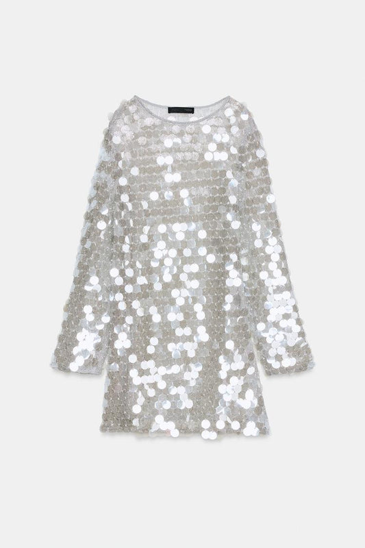 SHORT KNIT SEQUIN AND FAUX PEARL DRESS