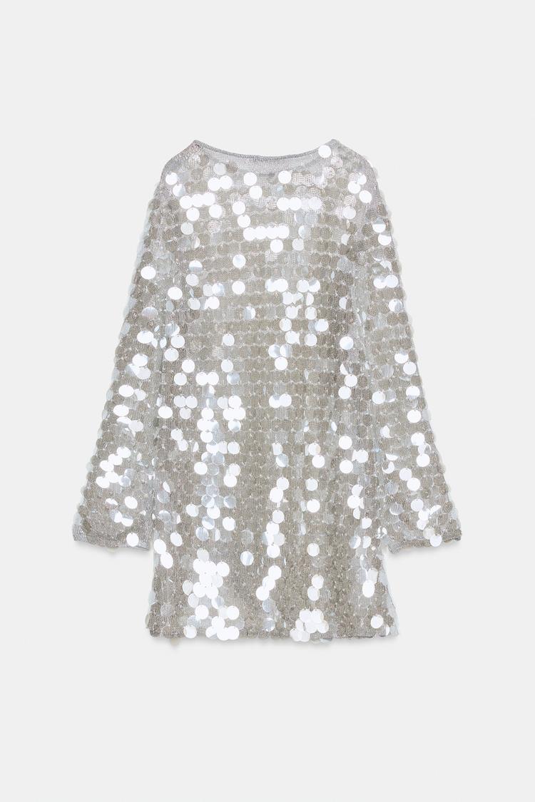 SHORT KNIT SEQUIN AND FAUX PEARL DRESS