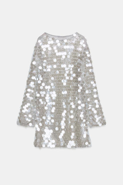 SHORT KNIT SEQUIN AND FAUX PEARL DRESS