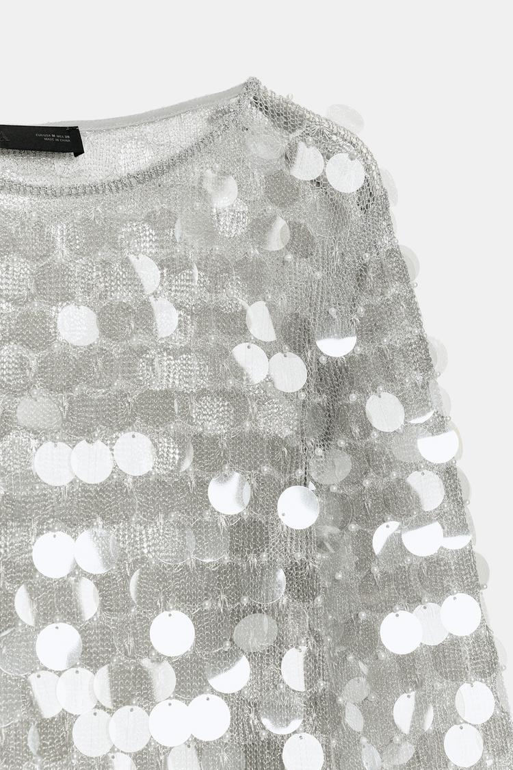SHORT KNIT SEQUIN AND FAUX PEARL DRESS