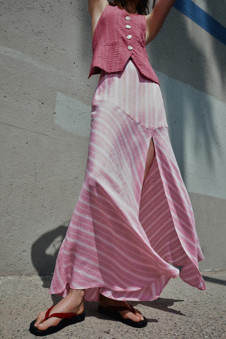 STRIPED LINEN BLEND MIDI SKIRT