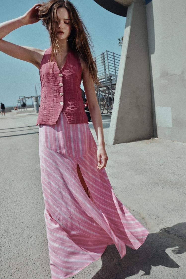 STRIPED LINEN BLEND MIDI SKIRT