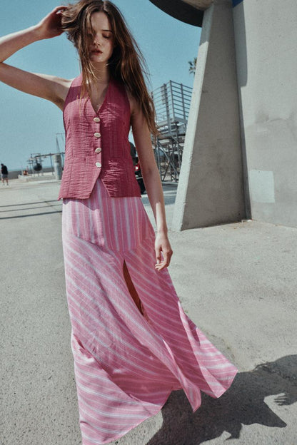 STRIPED LINEN BLEND MIDI SKIRT