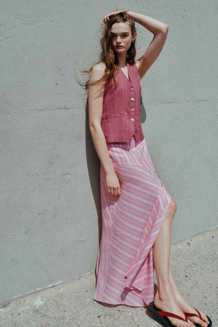 STRIPED LINEN BLEND MIDI SKIRT